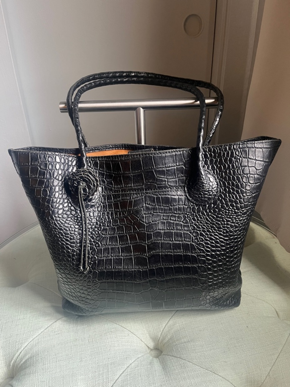 Patricia Nash Eastleigh Black Tote Braided Handles Leather Glossy Croc Embossed